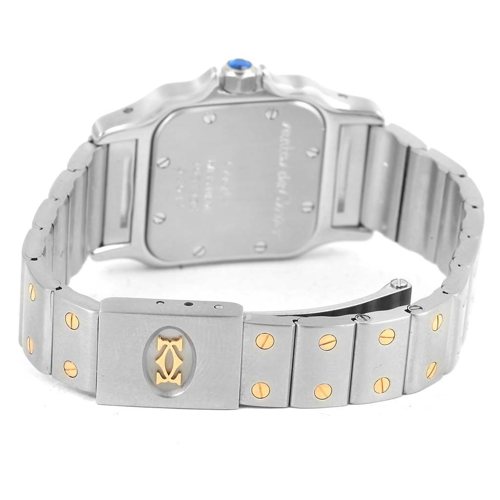The image shows the back view and bracelet of a Cartier Santos 1057930 Women
s Stainless Steel Silver Dial 1057930 Women
s Stainless Steel Silver Dial watch, featuring a visible clasp and screw accents.