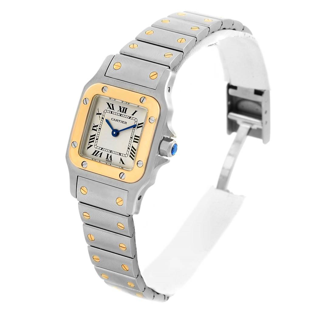 This image shows a side view of the Cartier Santos 1057930 Women
s Stainless Steel Silver Dial 1057930 Women
s Stainless Steel Silver Dial watch, highlighting the bracelet, case, and dial.