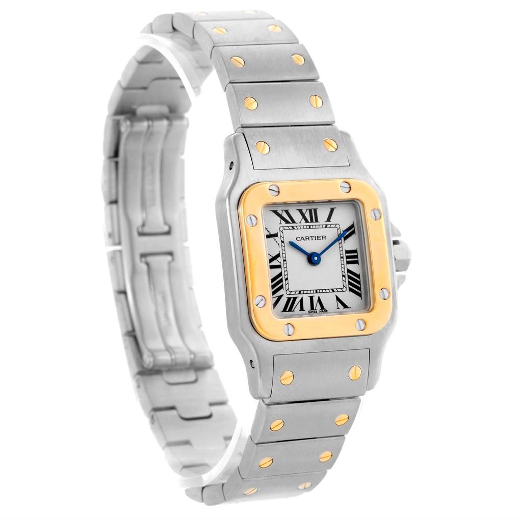 This Cartier Santos W20012C4 Women
s Stainless Steel Silver Dial W20012C4 Women
s Stainless Steel Silver Dial model watch is shown at a three-quarter angle, highlighting the case, bezel, dial, and linked bracelet.
