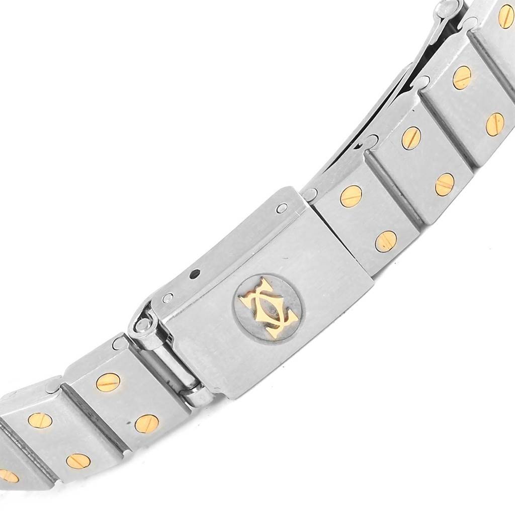 This image shows the bracelet clasp of a Cartier Santos 166930 Women
s Stainless Steel Silver Dial 166930 Women
s Stainless Steel Silver Dial watch, featuring a two-tone design with gold accents.