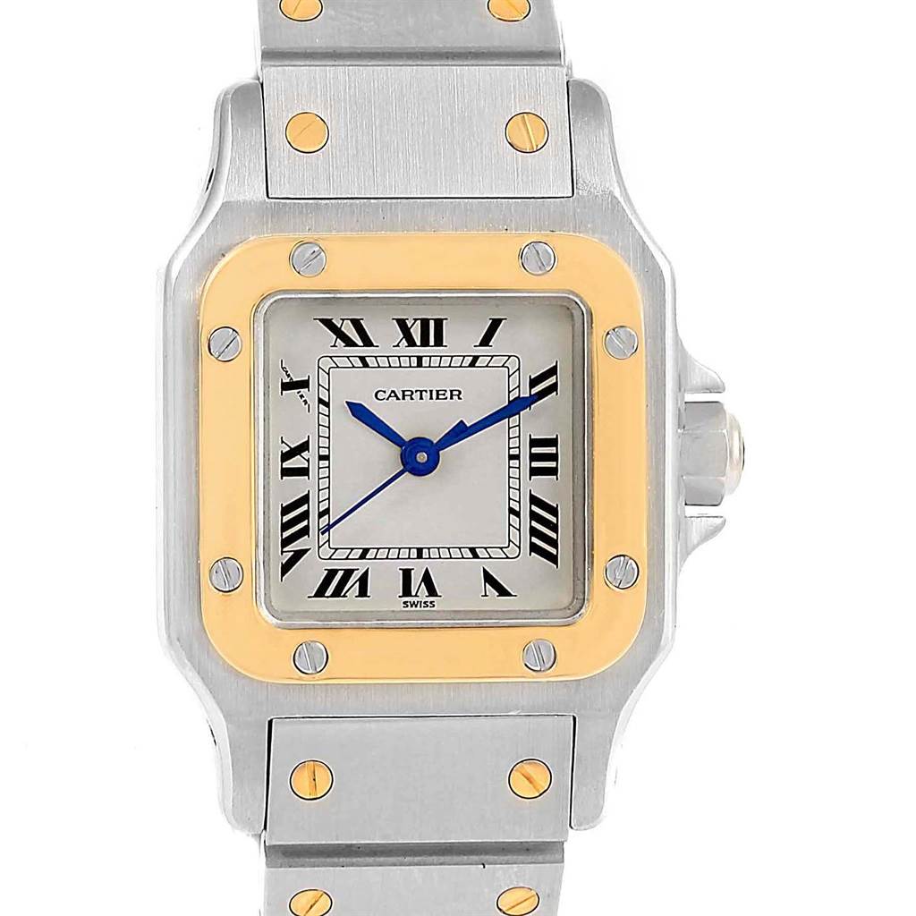 This image shows a front view of the Cartier Santos 166930 Women
s Stainless Steel Silver Dial 166930 Women
s Stainless Steel Silver Dial watch, highlighting the dial, case, and part of the bracelet.