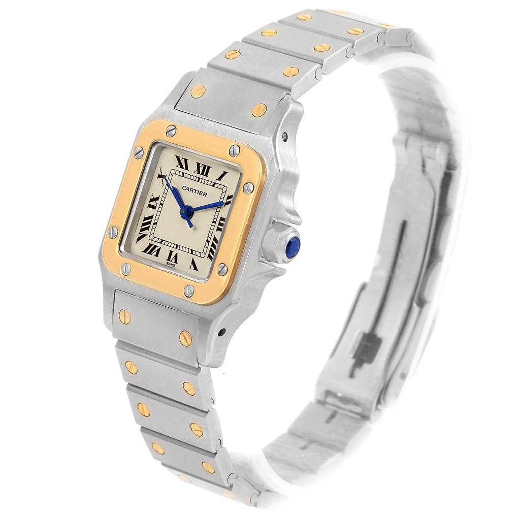 The image shows a front and side angle of the Cartier Santos 166930 Women's Stainless Steel Silver Dial 166930 Women's Stainless Steel Silver Dial watch, highlighting the bezel, dial, crown, and bracelet.