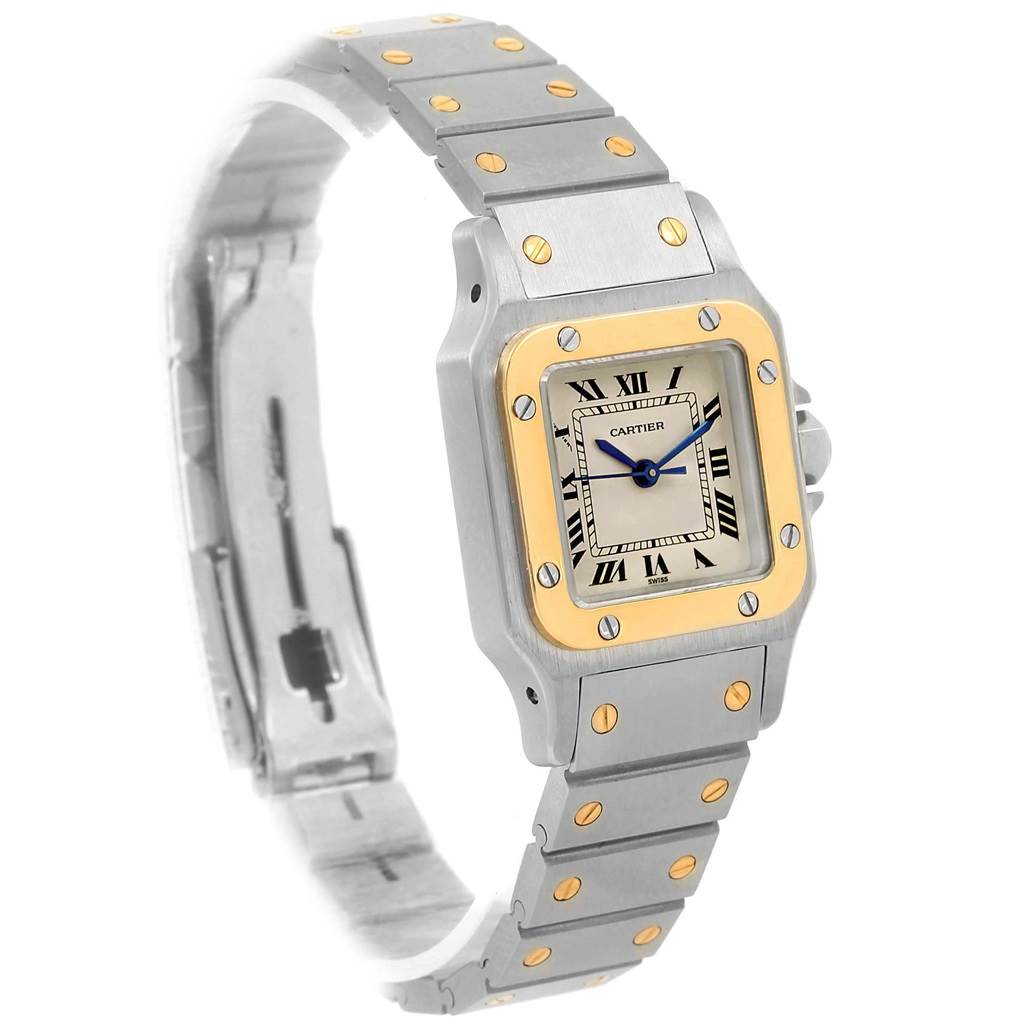 This image shows a Cartier Santos 166930 Women's Stainless Steel Silver Dial 166930 Women's Stainless Steel Silver Dial watch at an angled view, highlighting the face, bezel, and distinctive metal bracelet.