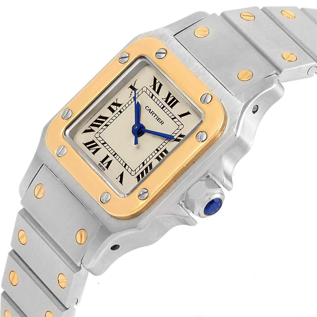 This image shows a Cartier Santos 166930 Women's Stainless Steel Silver Dial 166930 Women's Stainless Steel Silver Dial watch from an angled view, highlighting the case, bezel, dial, crown, and bracelet.