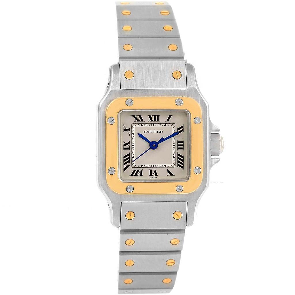 The image shows a front view of a Cartier Santos 166930 Women's Stainless Steel Silver Dial 166930 Women's Stainless Steel Silver Dial watch highlighting its face, bezel, and bracelet.