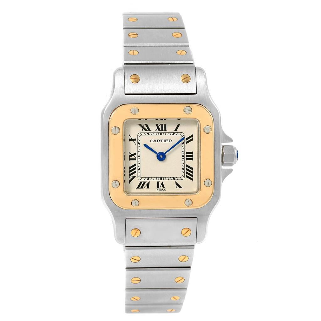 The image shows a Santos model by Cartier, displaying the face and bracelet from a top view.