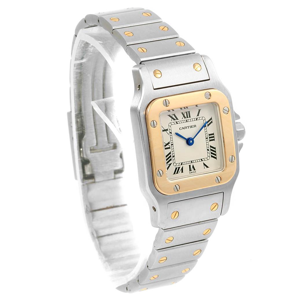 This image shows a Cartier Santos 1567 Women's Stainless Steel Silver Dial 1567 Women's Stainless Steel Silver Dial watch at a three-quarter angle, highlighting the face, bezel, and bracelet.