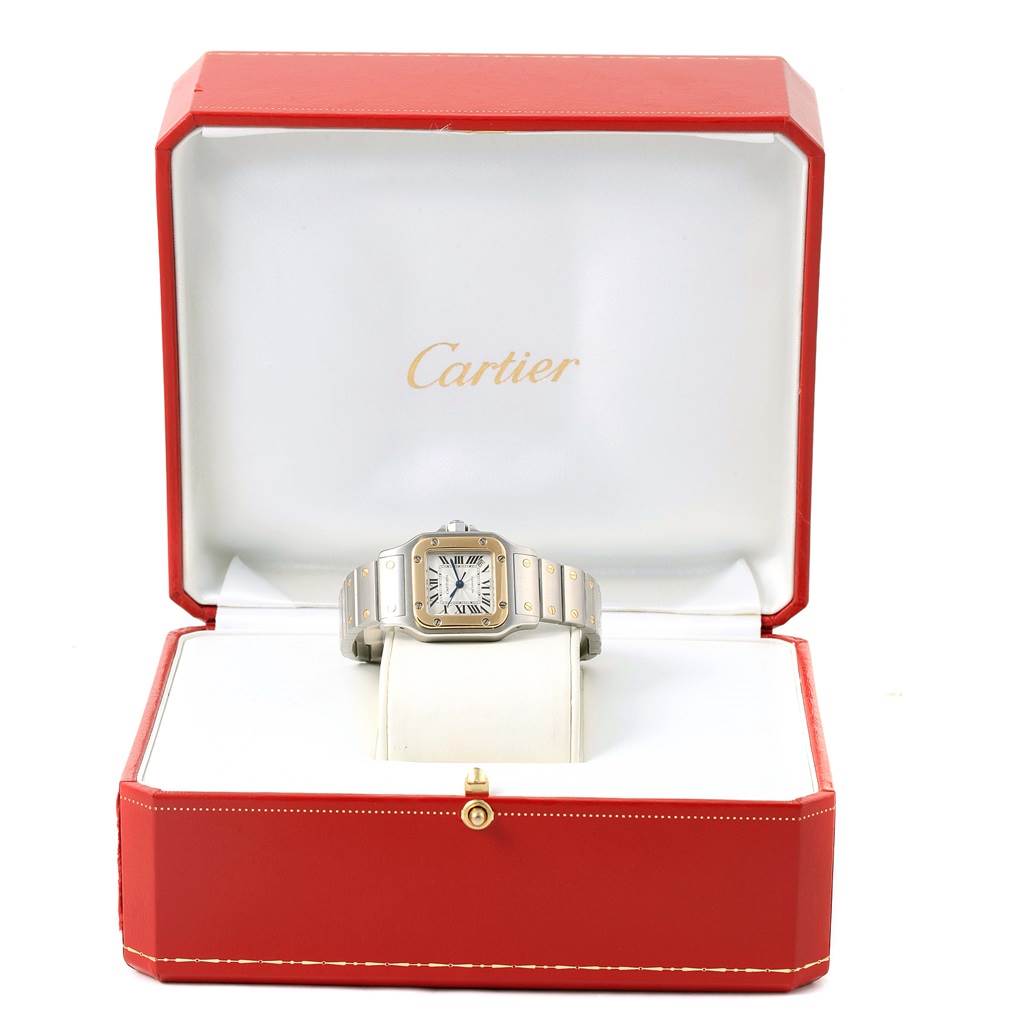 The image shows a Cartier Santos W20057C4 Women's Stainless Steel Silver Dial W20057C4 Women's Stainless Steel Silver Dial watch from a front angle, displayed in its red and white case.