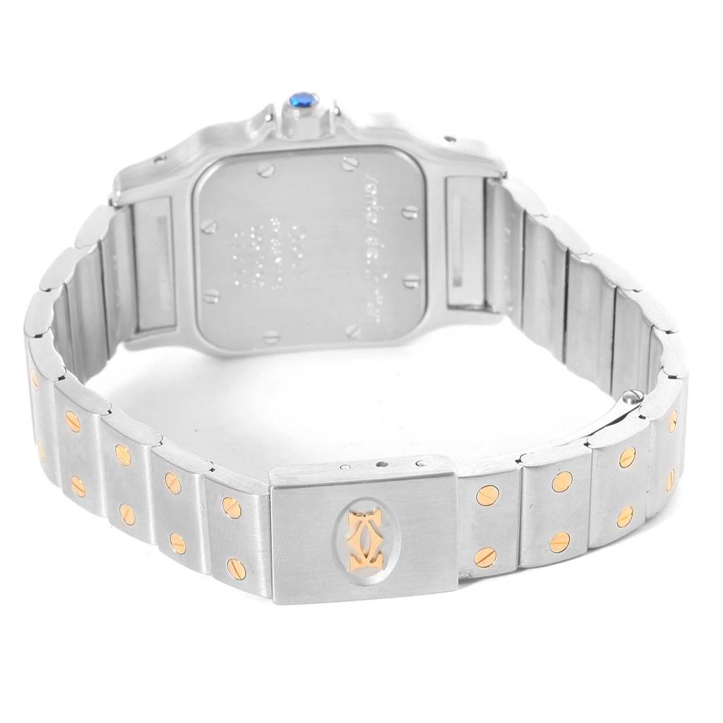 The image shows the back and bracelet of a Cartier Santos 41010 Women's Stainless Steel Silver Dial 41010 Women's Stainless Steel Silver Dial watch, highlighting the clasp and metal links with gold screws.