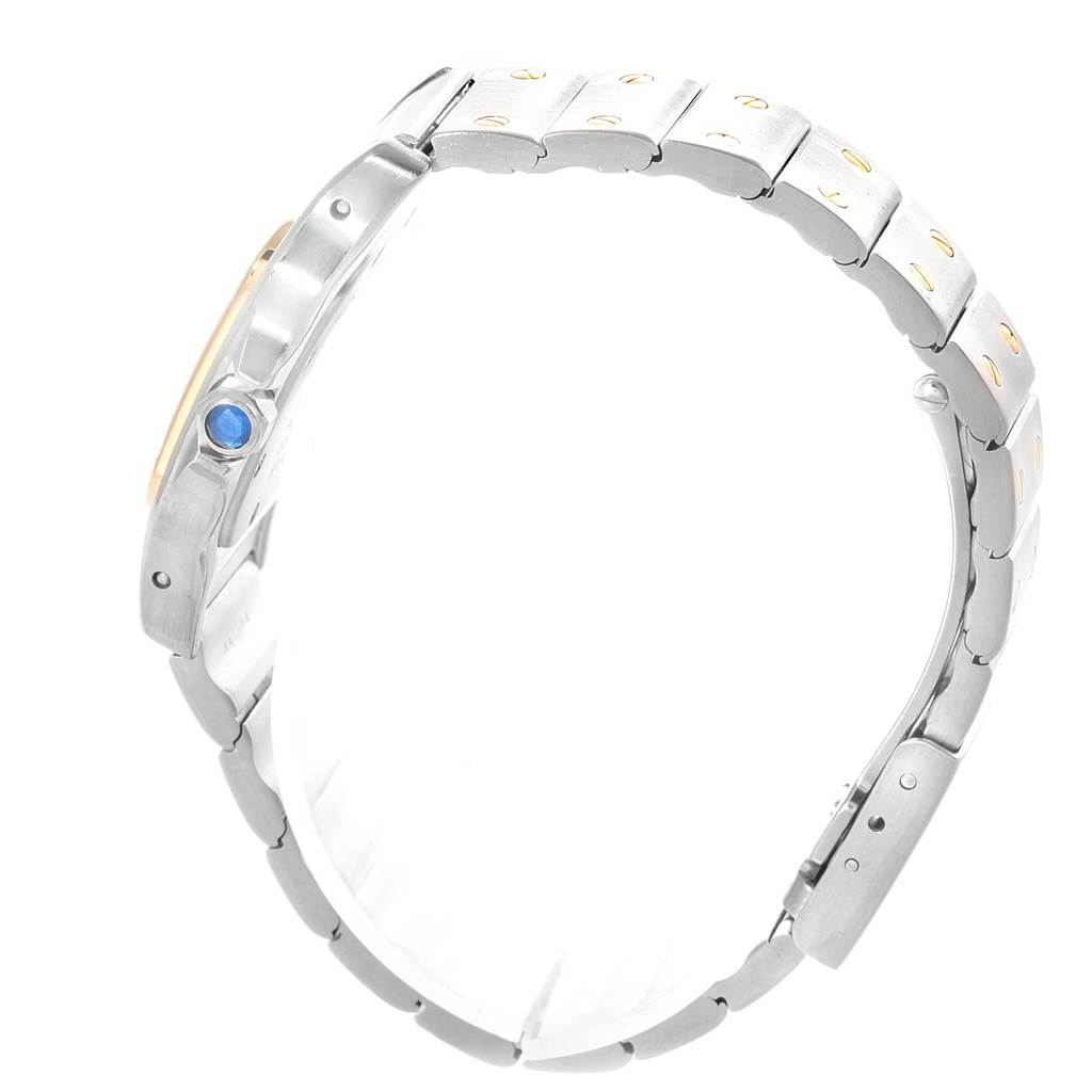 This image shows a side view of the Cartier Santos 41010 Women's Stainless Steel Silver Dial 41010 Women's Stainless Steel Silver Dial watch, focusing on the bracelet and crown.