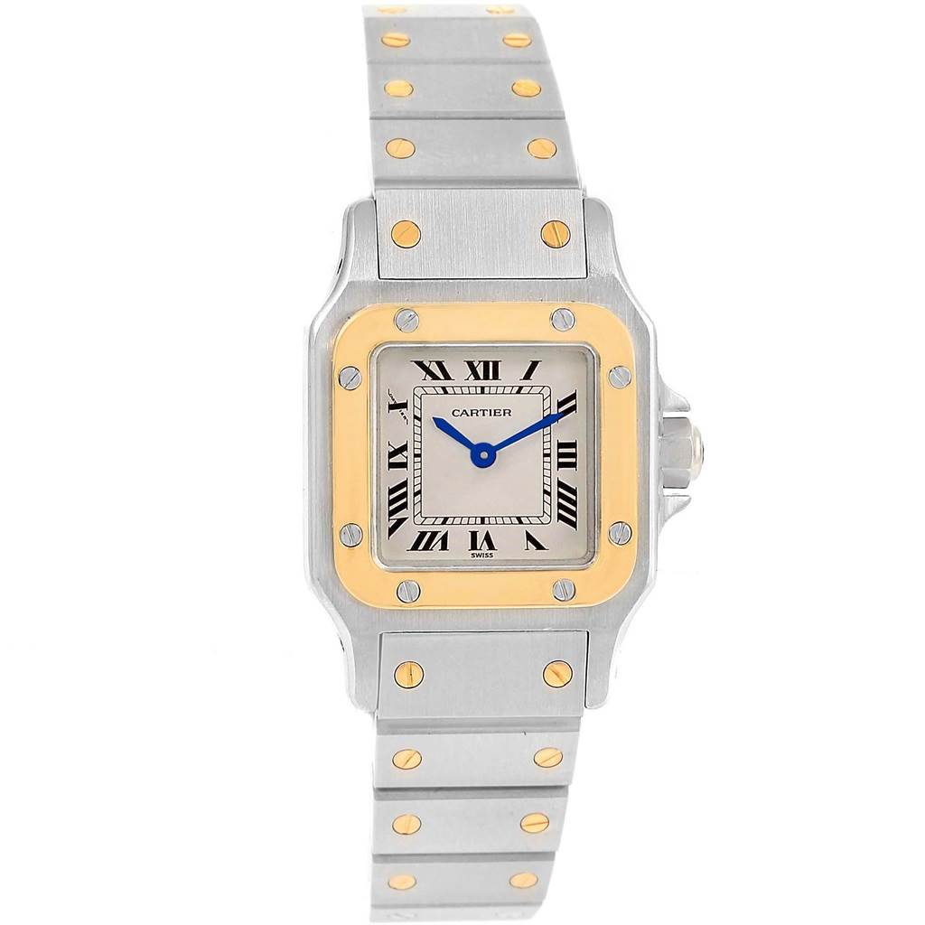 This image shows the front view of a Cartier Santos 1567 Women's Stainless Steel Silver Dial 1567 Women's Stainless Steel Silver Dial watch, highlighting its square dial, Roman numerals, and metal band with gold accents.