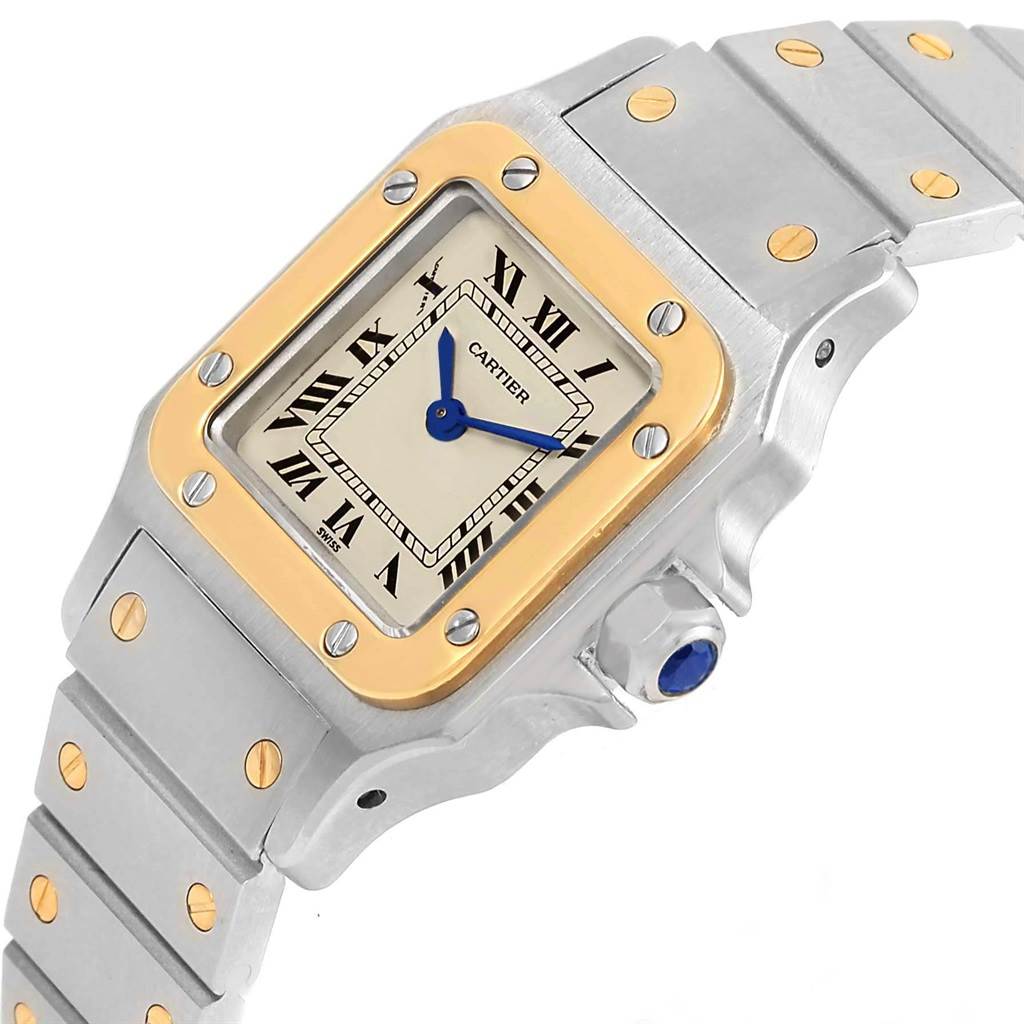 The image shows a close-up angle of a Cartier Santos 1567 Women's Stainless Steel Silver Dial 1567 Women's Stainless Steel Silver Dial watch, highlighting its face, bezel, and part of the bracelet.