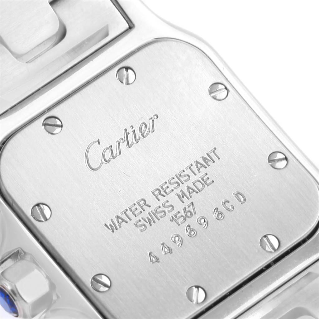 This image shows the back of a Cartier Santos W20012C4 Women's Stainless Steel Silver Dial W20012C4 Women's Stainless Steel Silver Dial watch, highlighting the brand engraving and water resistance details.