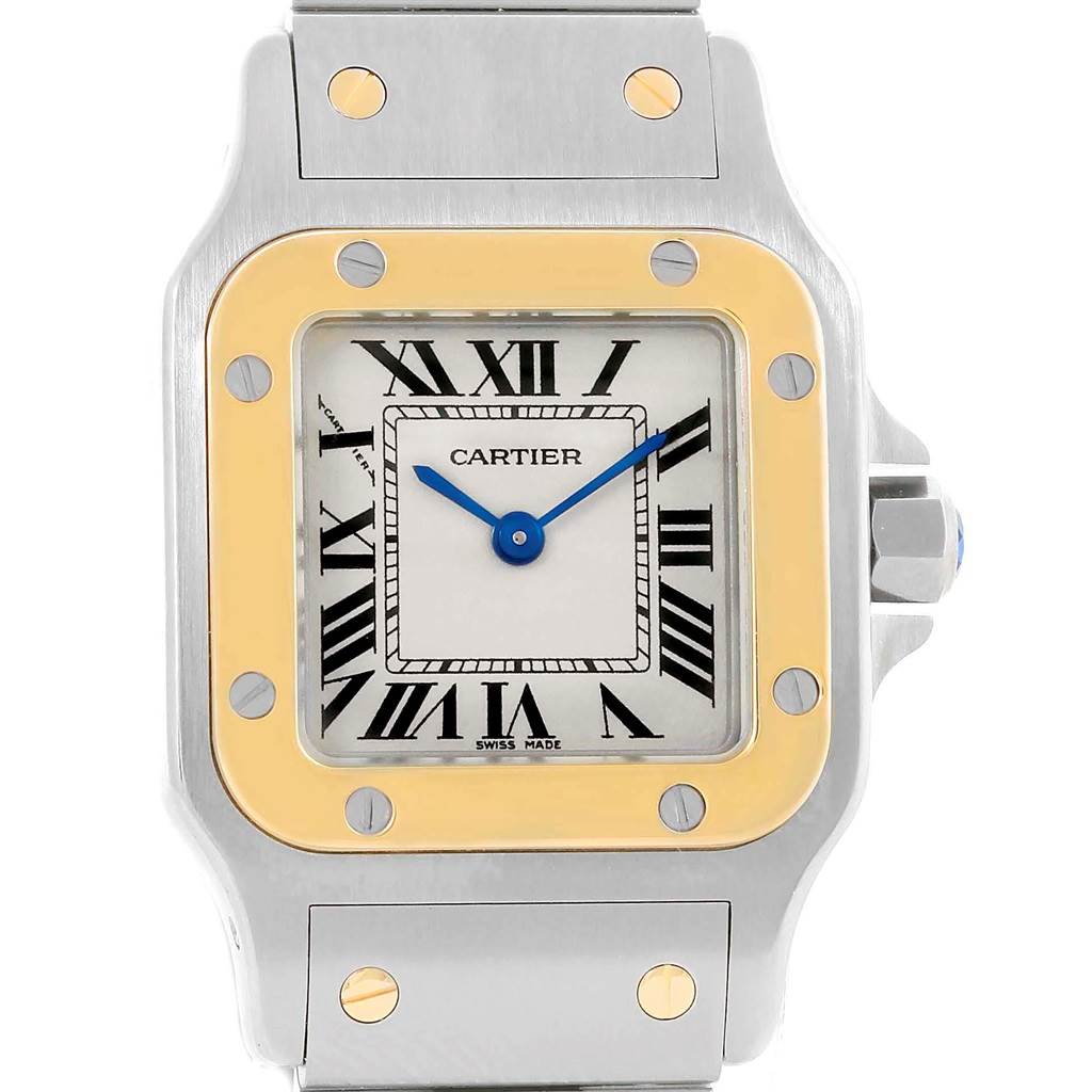 This image shows a front view of the Cartier Santos W20012C4 Women's Stainless Steel Silver Dial W20012C4 Women's Stainless Steel Silver Dial watch, displaying its face, bezel, and part of the bracelet.