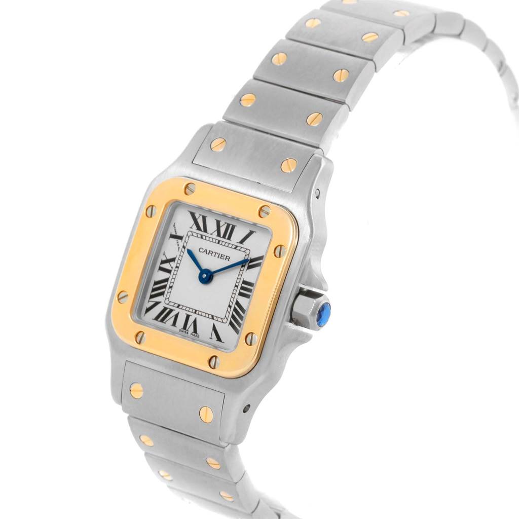 The image shows a Cartier Santos W20012C4 Women's Stainless Steel Silver Dial W20012C4 Women's Stainless Steel Silver Dial watch angled from the front-right, displaying its face, bezel, and part of its band.