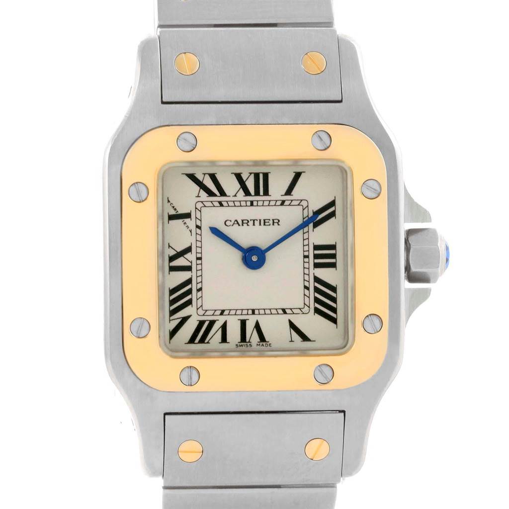 The Cartier Santos W20012C4 Women's Stainless Steel Silver Dial W20012C4 Women's Stainless Steel Silver Dial watch is shown front-facing, displaying its face, bezel, and part of the band.