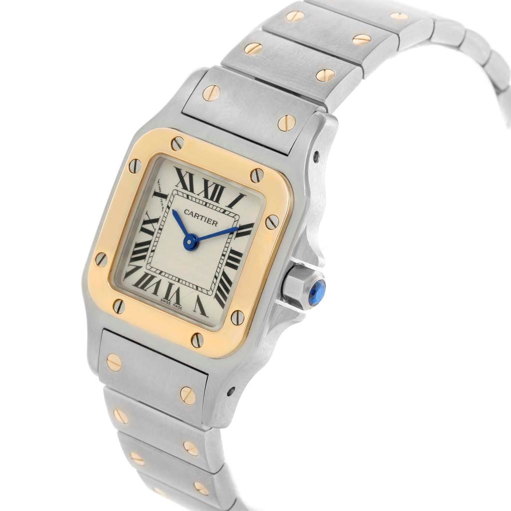 The image shows a Cartier Santos W20012C4 Women's Stainless Steel Silver Dial W20012C4 Women's Stainless Steel Silver Dial watch at a slight angle, highlighting its face, bezel, crown, and partial bracelet.