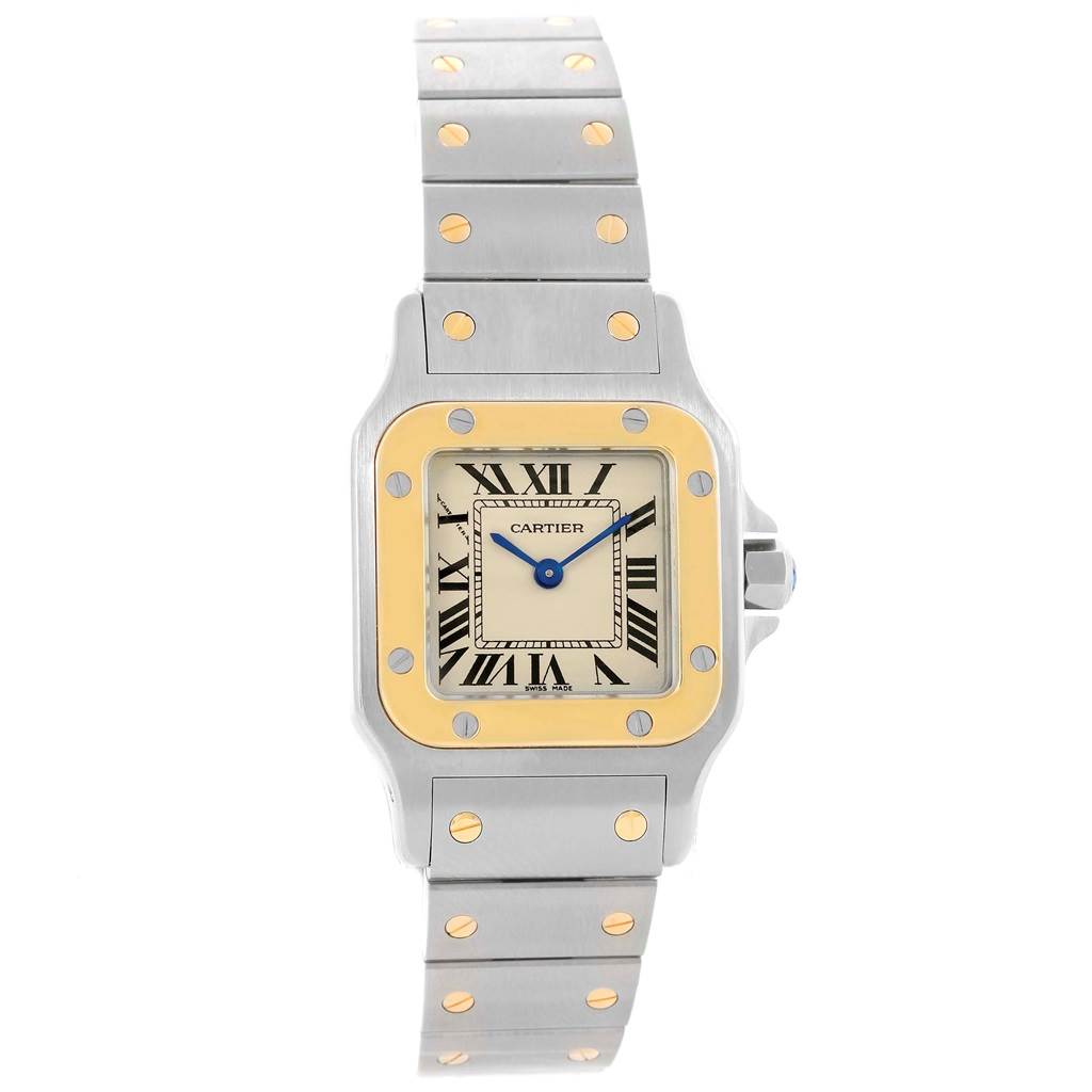 This image shows a front view of a Cartier Santos W20012C4 Women's Stainless Steel Silver Dial W20012C4 Women's Stainless Steel Silver Dial watch, showcasing its face, bezel, and bracelet.