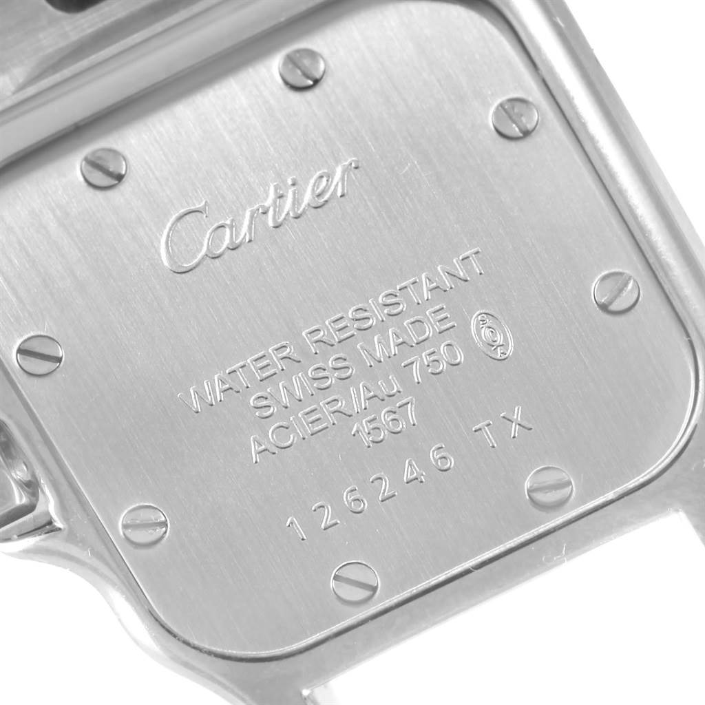 This image shows the back case of a Santos model watch by Cartier, prominently displaying the brand's engraving and specifications.