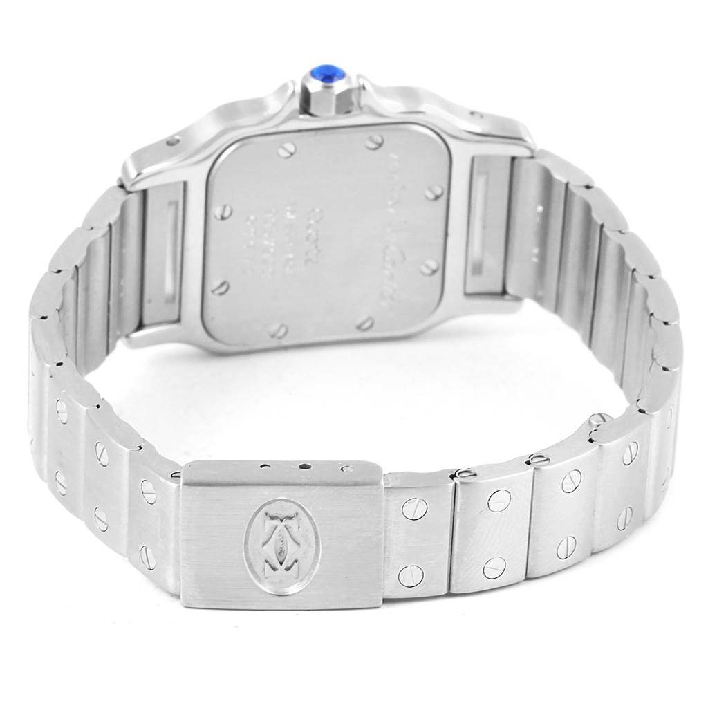 This image shows the back of a Cartier Santos 07791 Women's Stainless Steel Silver Dial 07791 Women's Stainless Steel Silver Dial watch, highlighting the bracelet and clasp.