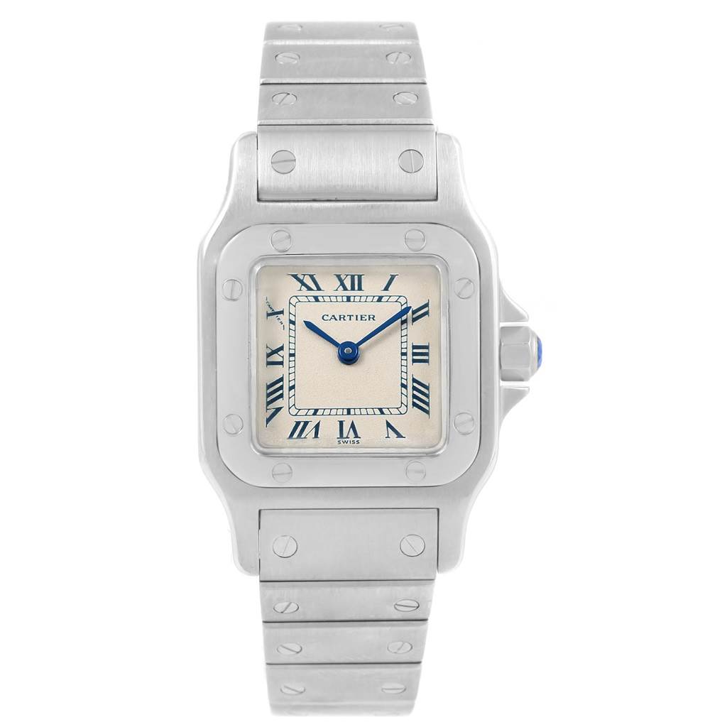 The image shows a frontal view of the Santos model watch by Cartier, highlighting its face, case, and bracelet.