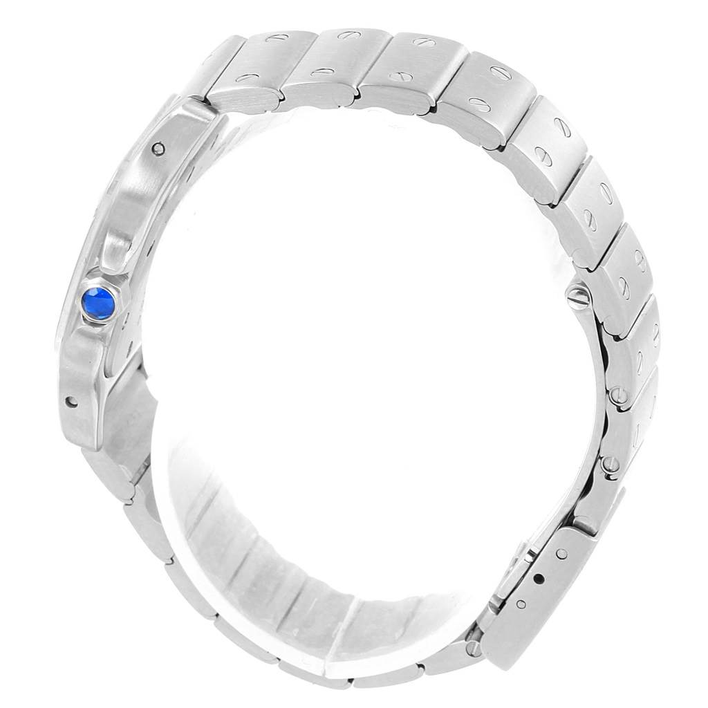 This image shows the side view of the wristband and crown of a Cartier Santos 07791 Women's Stainless Steel Silver Dial 07791 Women's Stainless Steel Silver Dial watch.