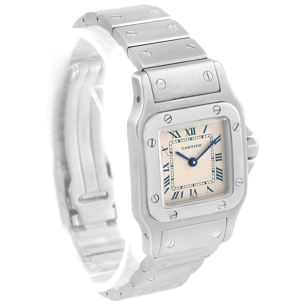 The image shows a frontal and slightly angled view of a Cartier Santos 07791 Women's Stainless Steel Silver Dial 07791 Women's Stainless Steel Silver Dial watch, highlighting its face and bracelet.