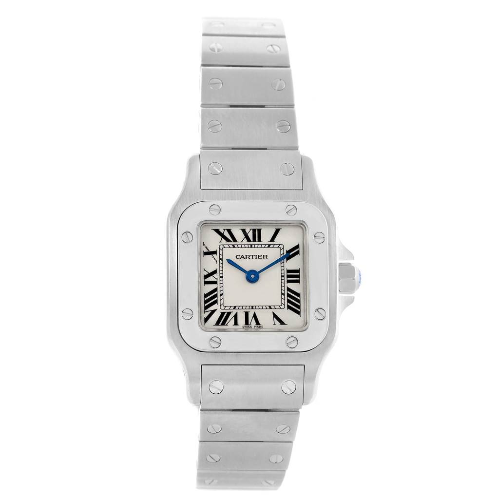 The image shows a front view of a Cartier Santos W20056D6 Men's Stainless Steel Silver Dial W20056D6 Men's Stainless Steel Silver Dial watch, highlighting the face, bezel, and strap.