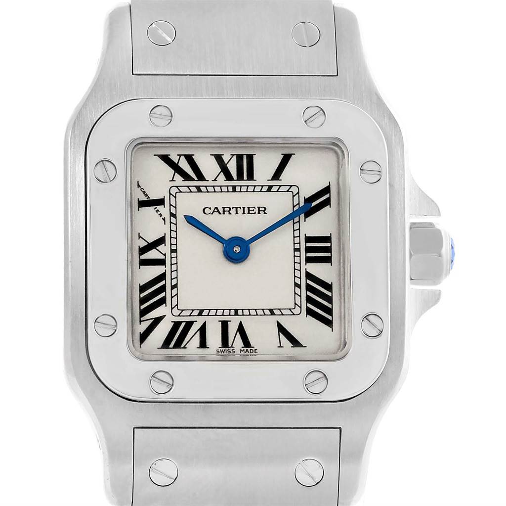 This image shows a front view of the Cartier Santos W20056D6 Men's Stainless Steel Silver Dial W20056D6 Men's Stainless Steel Silver Dial watch, highlighting the face, bezel, and part of the bracelet.
