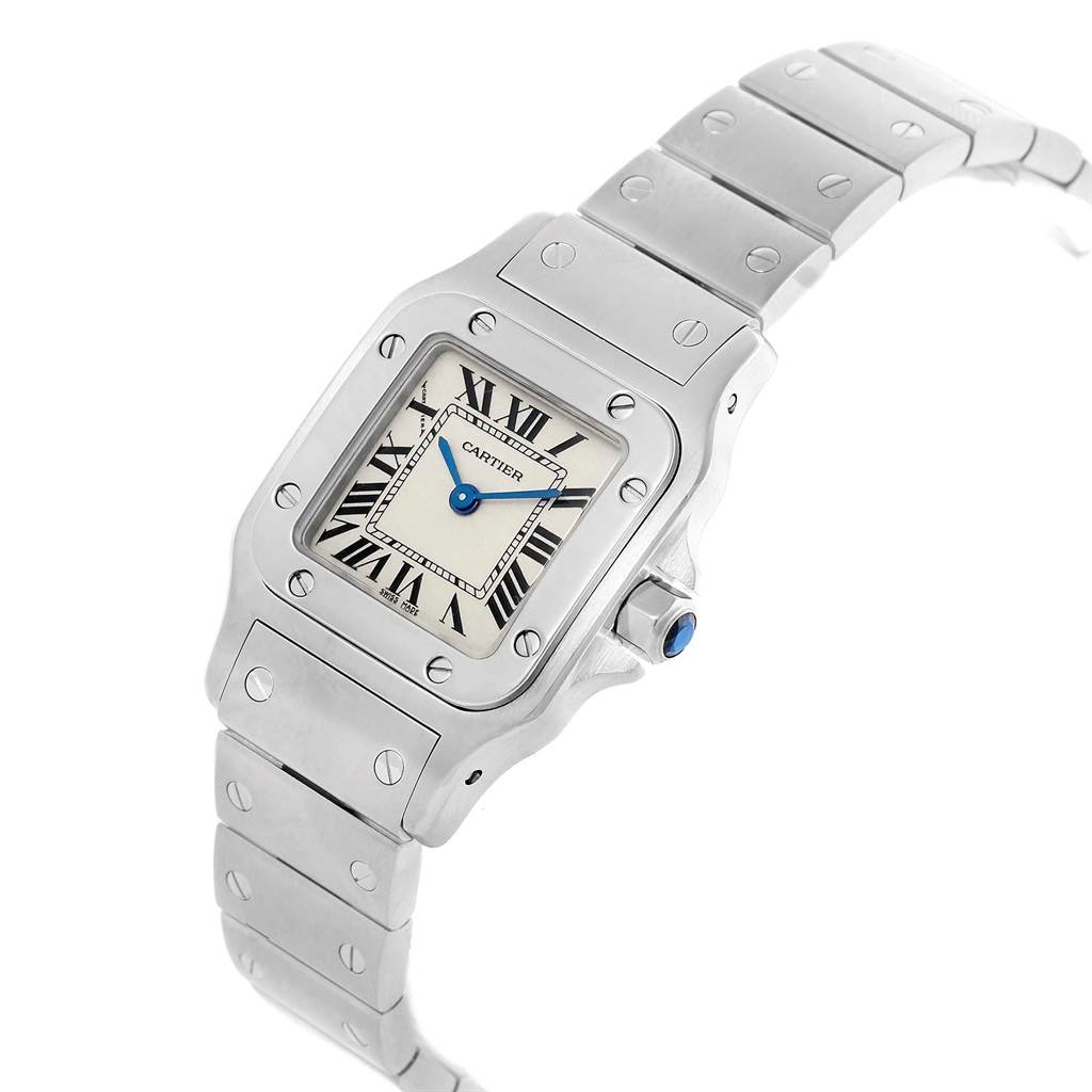 The image shows a Cartier Santos W20056D6 Men's Stainless Steel Silver Dial W20056D6 Men's Stainless Steel Silver Dial watch at a slight angle, displaying the watch face, bracelet, and crown with a blue cabochon.