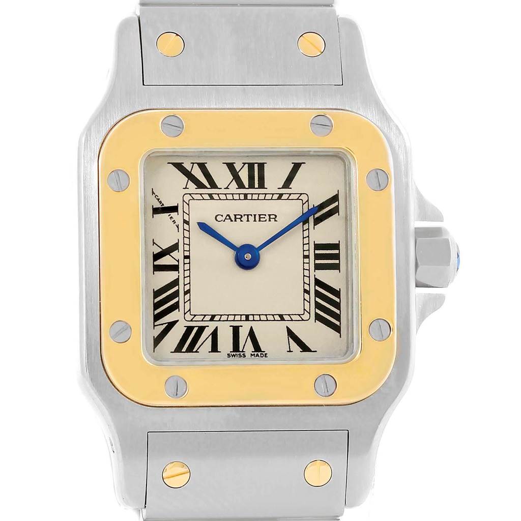 The image shows a Cartier Santos W20012C4 Women's Stainless Steel Silver Dial W20012C4 Women's Stainless Steel Silver Dial watch from a front angle, highlighting the face, bezel, and part of the bracelet.