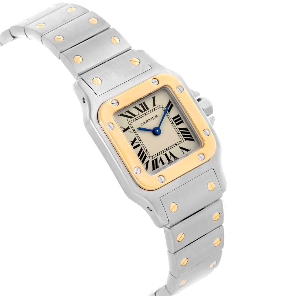 This image shows the Cartier Santos W20012C4 Women's Stainless Steel Silver Dial W20012C4 Women's Stainless Steel Silver Dial watch at a slight angle, highlighting its face, bezel, and bracelet.