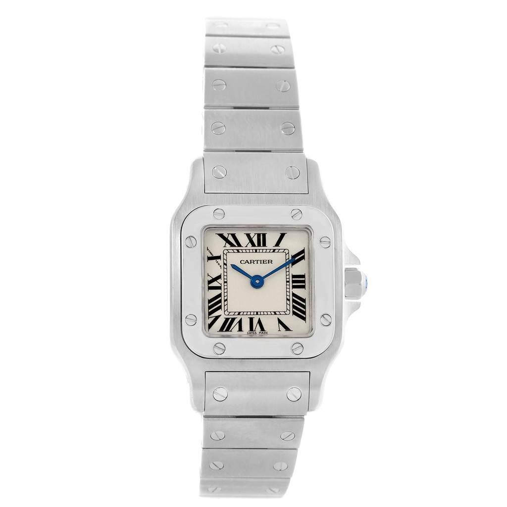 The Cartier Santos W20056D6 Women's Stainless Steel Silver Dial W20056D6 Women's Stainless Steel Silver Dial watch is shown from a front angle, displaying the face, dial, bezel, and bracelet.