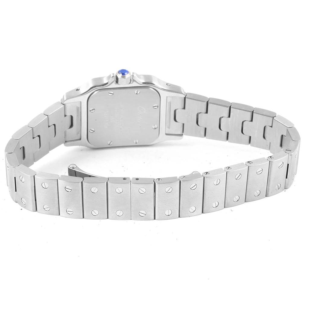 This is a rear view of the Santos by Cartier watch, showing the case back and stainless steel bracelet.