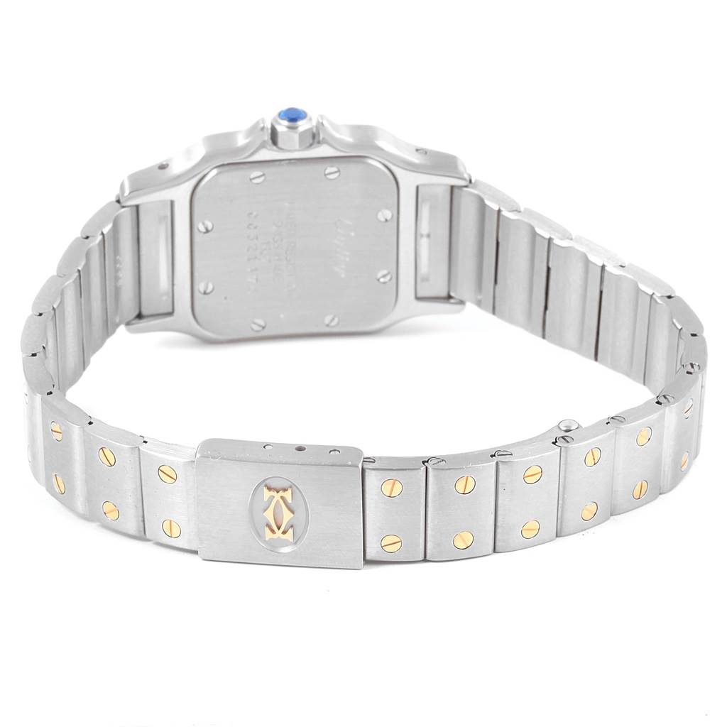 This image shows the back, crown, and bracelet of a Cartier Santos 1567 Women's Stainless Steel Silver Dial 1567 Women's Stainless Steel Silver Dial watch.