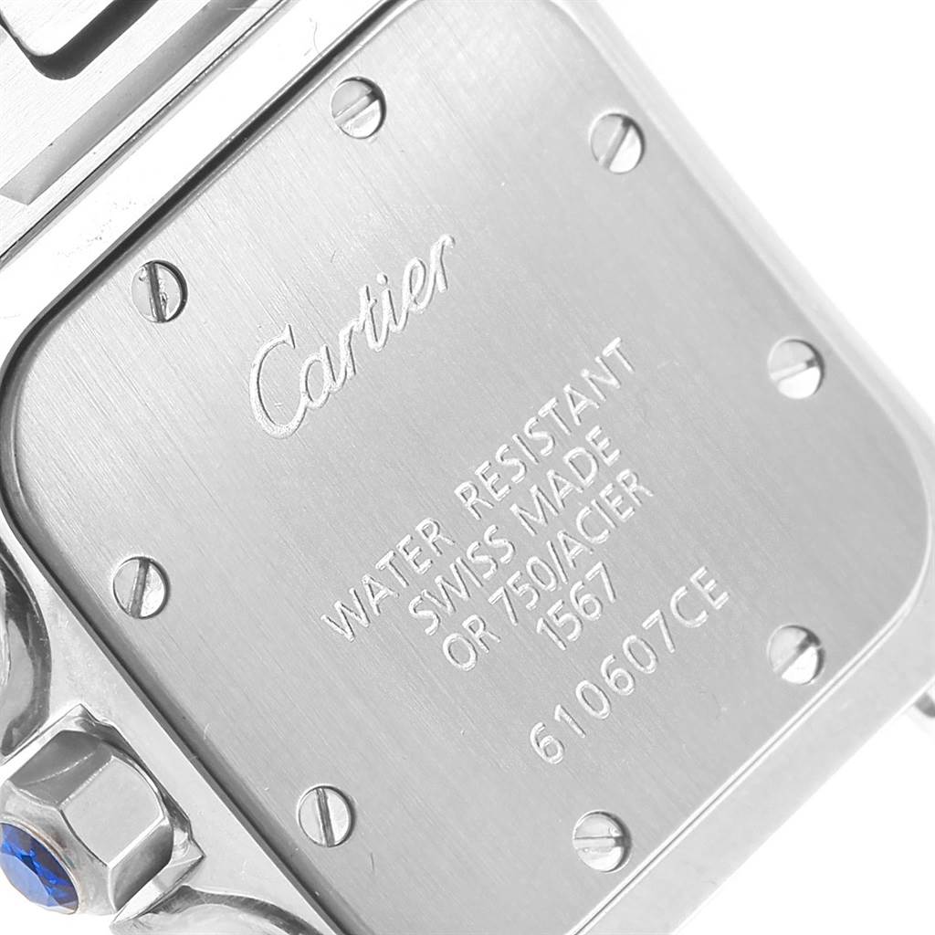 The image shows the back case of a Cartier Santos W20012C4 Women's Stainless Steel Silver Dial W20012C4 Women's Stainless Steel Silver Dial watch, highlighting the brand’s engraving and water resistance information.