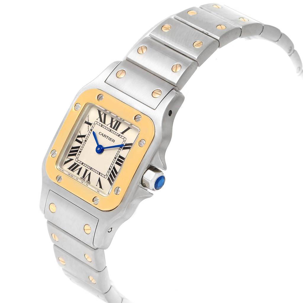 The image shows a Cartier Santos W20012C4 Women's Stainless Steel Silver Dial W20012C4 Women's Stainless Steel Silver Dial watch at a slight side angle, highlighting the face, bezel, and bracelet with screw accents.