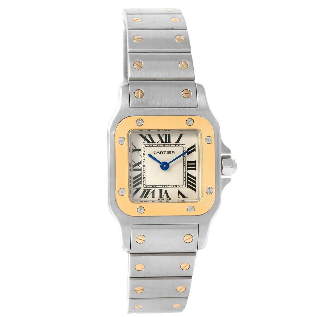 The image shows a front view of a Cartier Santos W20012C4 Women's Stainless Steel Silver Dial W20012C4 Women's Stainless Steel Silver Dial watch, detailing the face, bezel, and bracelet.