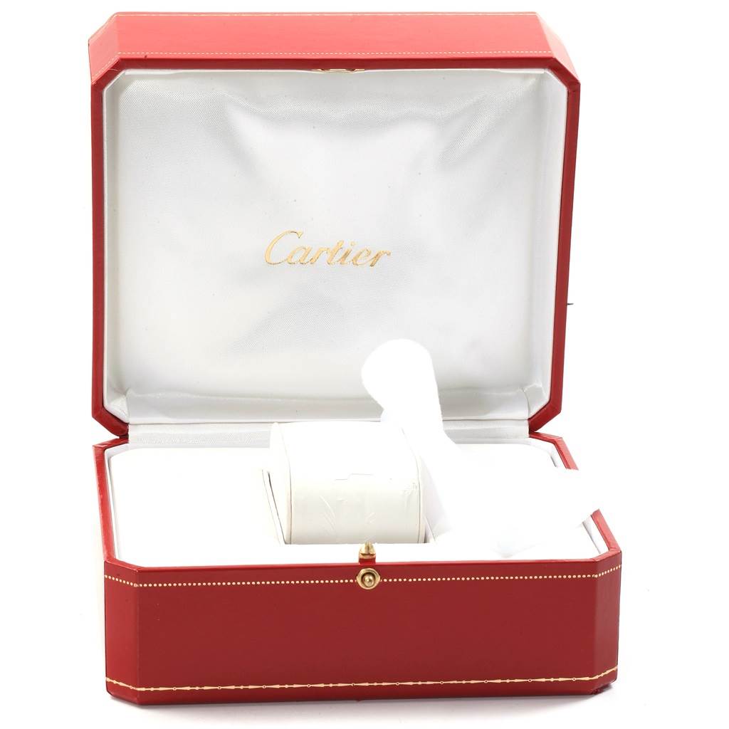 The image shows an open red Cartier box with the cushion for the Santos model watch.
