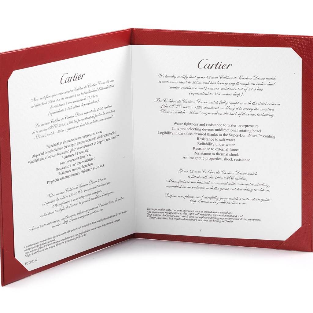 The image shows the certificate booklet for the Cartier Santos WGSA0012 Women's Rose Gold Silver Dial WGSA0012 Women's Rose Gold Silver Dial watch, opened to display text with information about the watch.