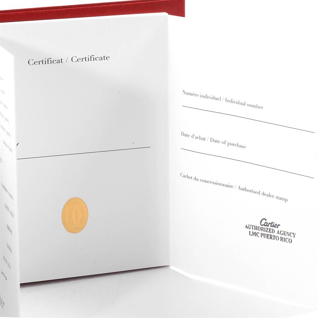 The image shows the certificate and warranty booklet for the Cartier Santos WGSA0012 Women's Rose Gold Silver Dial WGSA0012 Women's Rose Gold Silver Dial model watch.