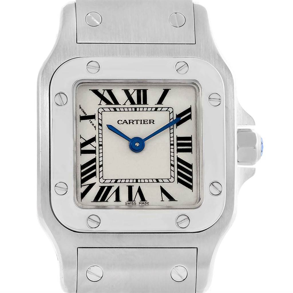 This image shows a Cartier Santos W20056D6 Women's Stainless Steel Silver Dial W20056D6 Women's Stainless Steel Silver Dial watch from the front, highlighting its face, bezel, and part of the bracelet.