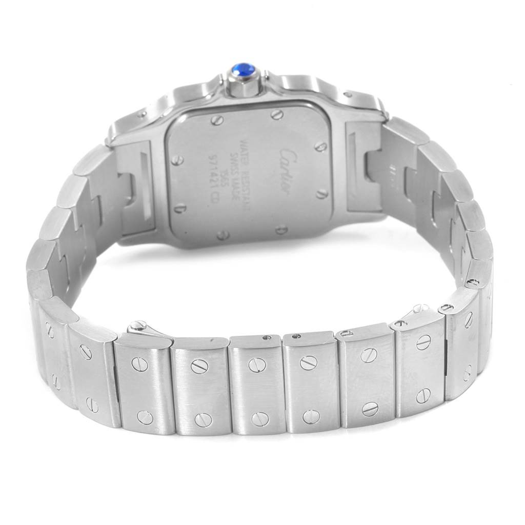 The image shows the back and bracelet of a Cartier Santos W20056D6 Women's Stainless Steel Silver Dial W20056D6 Women's Stainless Steel Silver Dial watch, highlighting its caseback detailing and screw accents.