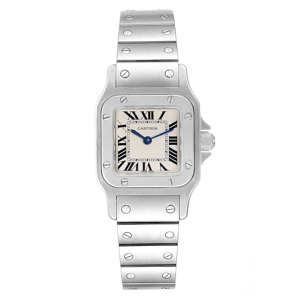 The image shows a frontal view of a Santos by Cartier watch, displaying its face, bezel, and bracelet.