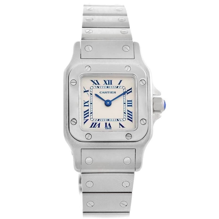 The image shows a frontal view of a Cartier Santos 1565 Women's Stainless Steel Silver Dial 1565 Women's Stainless Steel Silver Dial watch, displaying the dial, bezel, and part of the metal bracelet.