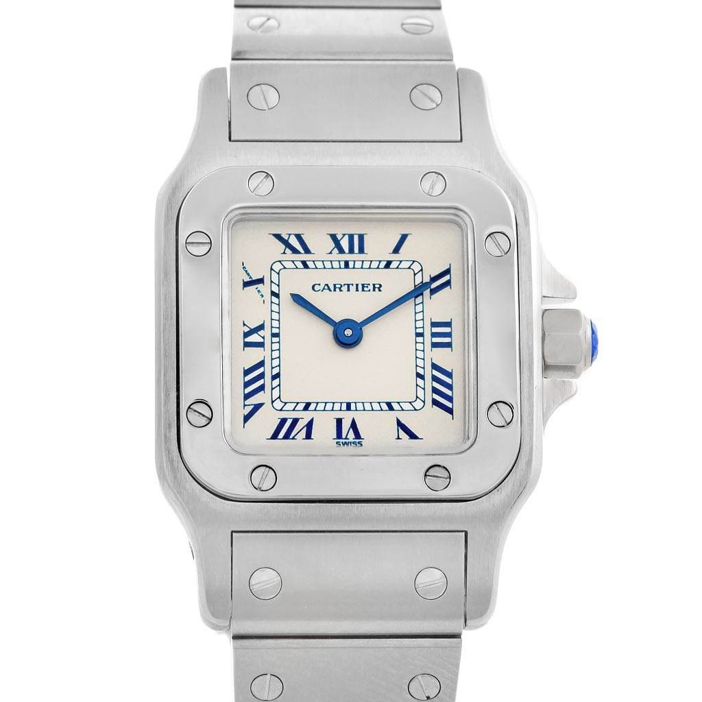 This image shows a front view of the Cartier Santos 1565 Women's Stainless Steel Silver Dial 1565 Women's Stainless Steel Silver Dial watch, highlighting the dial, hands, case, and part of the bracelet.