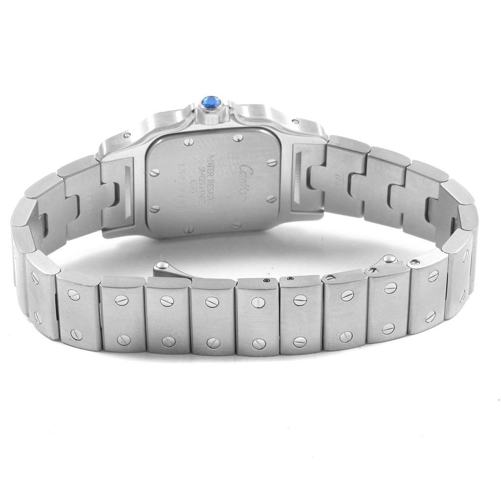 This is a rear view of the Cartier Santos 1565 Women's Stainless Steel Silver Dial 1565 Women's Stainless Steel Silver Dial model watch, showcasing its stainless steel bracelet and case back.