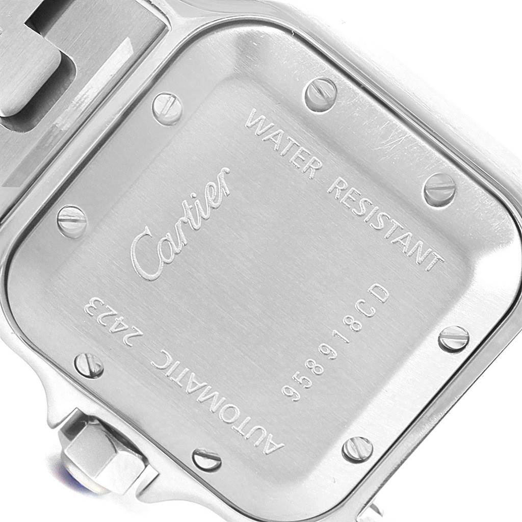 The image shows the back case of a Cartier Santos W20057C4 Women's Stainless Steel Silver Dial W20057C4 Women's Stainless Steel Silver Dial model watch, highlighting the water-resistant marking and manufacturer's details.