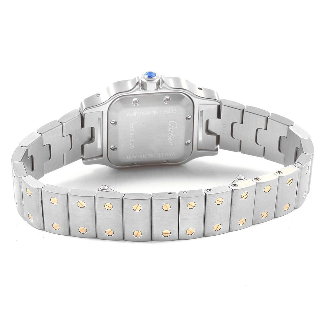 The image shows the back and bracelet of a Cartier Santos W20057C4 Women's Stainless Steel Silver Dial W20057C4 Women's Stainless Steel Silver Dial watch, highlighting the case back and the screw details on the band.