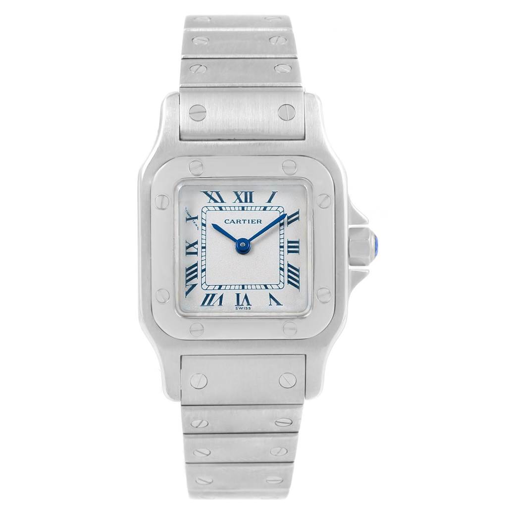 The image shows a front view of the Cartier Santos 04278 Women's Silver Dial 04278 Women's Silver Dial watch, featuring its dial, hands, case, and part of the bracelet.